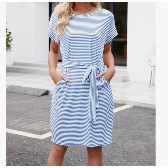 Merokeety Striped T Shirt Dress Blue/White Size L - Picture 1 of 7